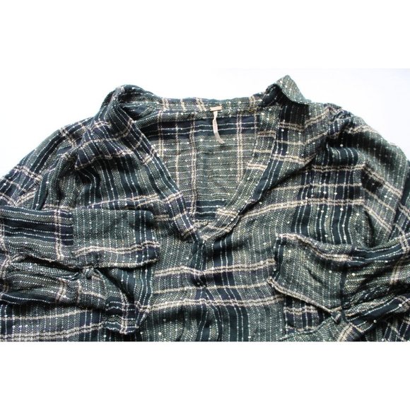 Free People Fearless Love Bell Sleeve Flannel Shirt Green Black Size Small - Picture 5 of 7